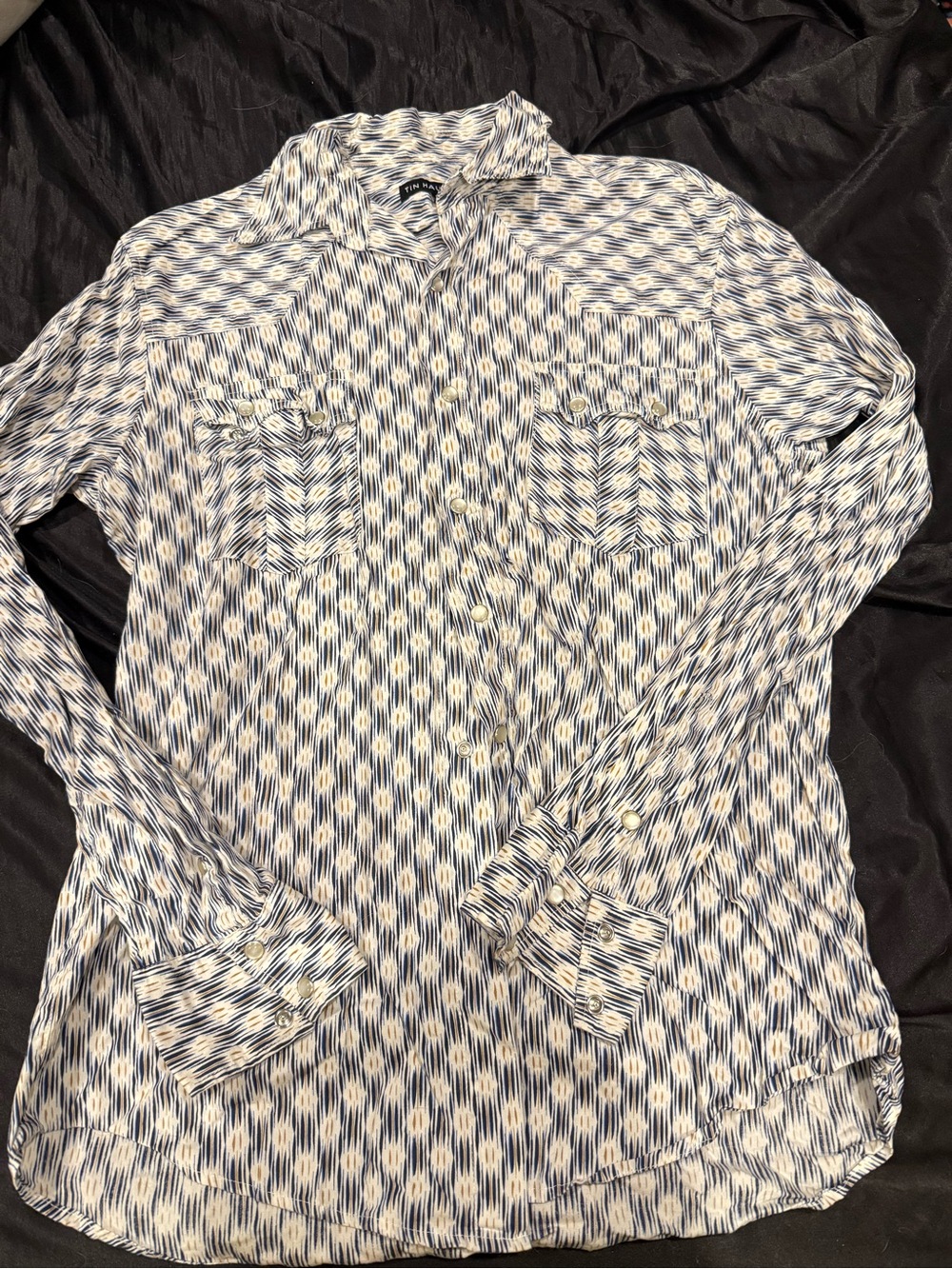 Tin Haul Navy and White Ikat-Style Button Down Shirt